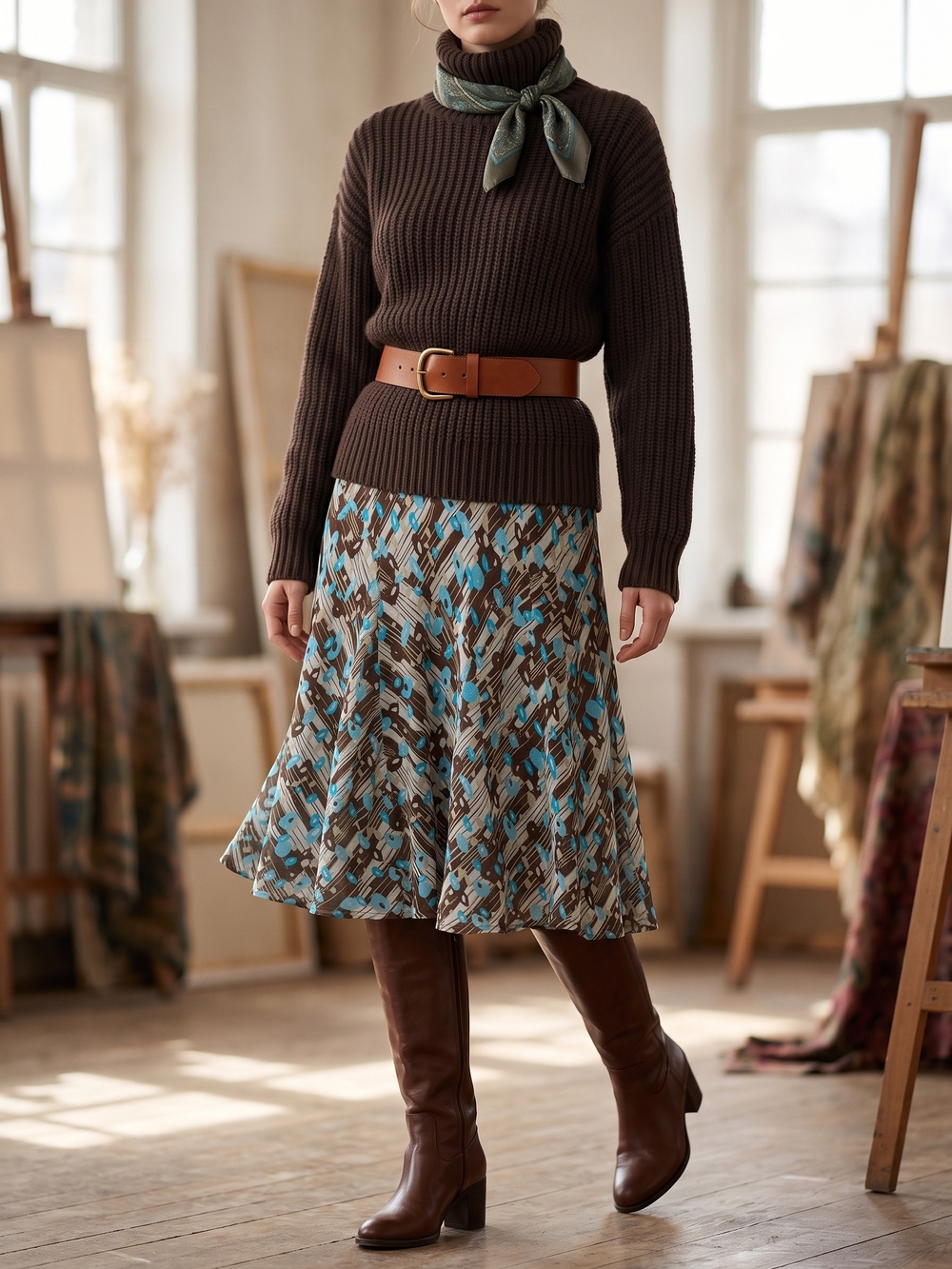 Vintage Y2K Boho Whimsigoth Abstract Print Brown Chiffon Lined Midi Flare Skirt